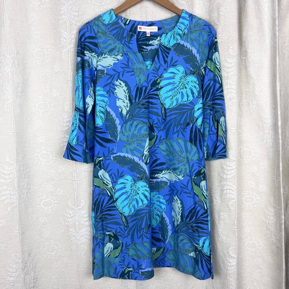 Jude Connally Megan tunic dress Paradise Parrot print stretch jersey blue birds